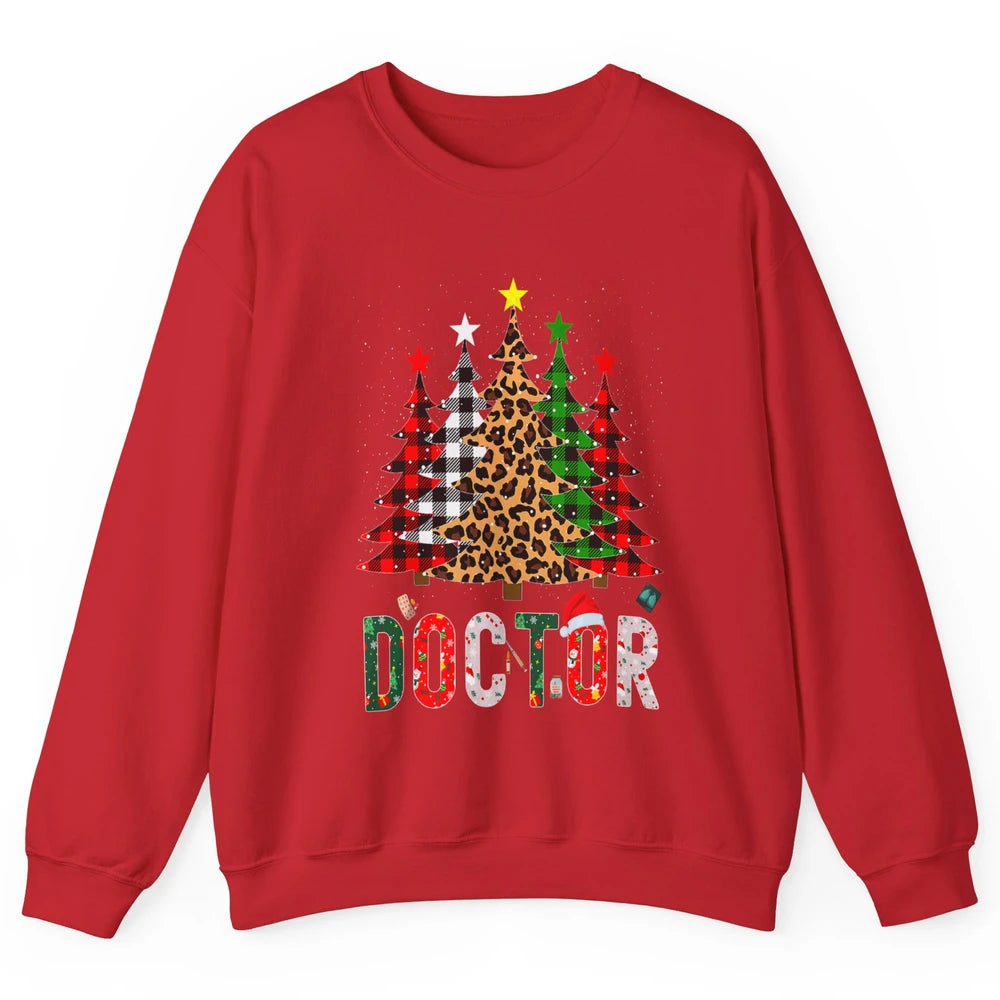 Merry Christmas Doctor Leopard Buffalo Plaid Xmas Pine Tree Unisex Crewneck Sweatshirt