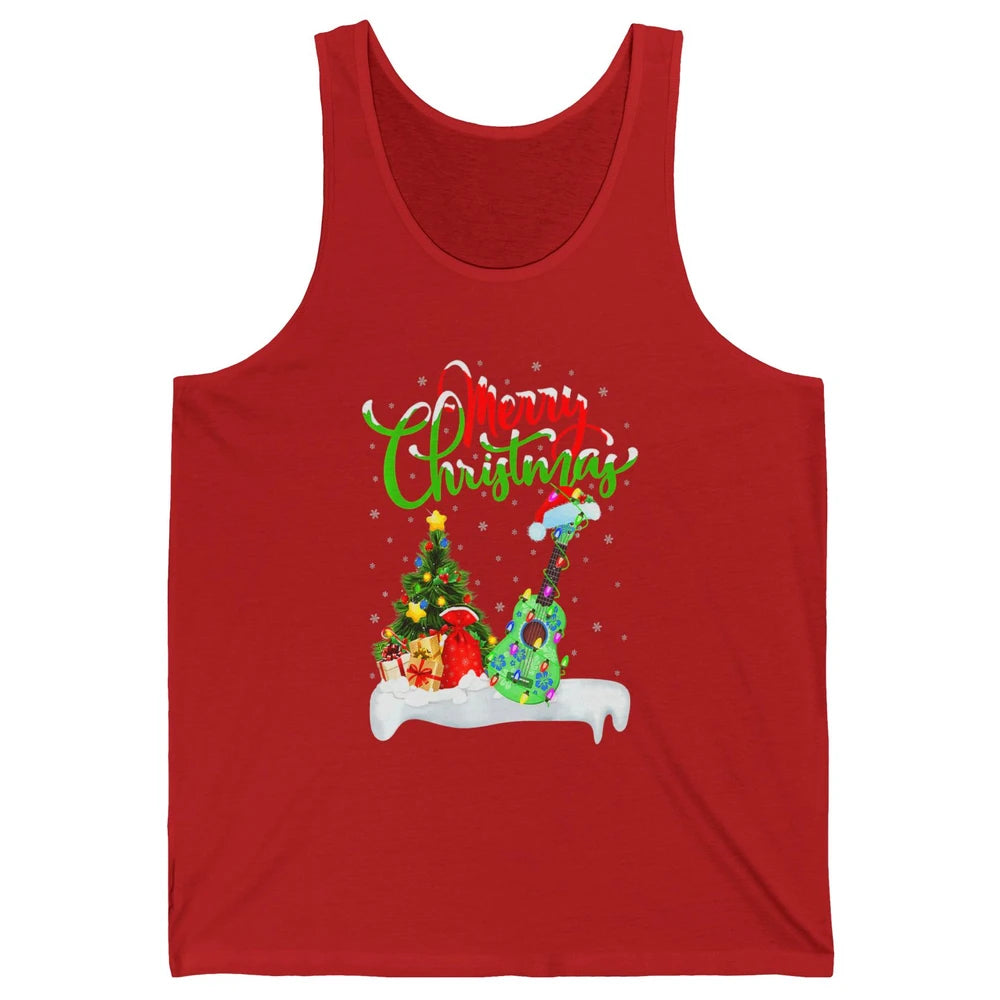 Merry Christmas Funny Ukulele Xmas Lights Santa Hat Music Unisex Jersey Tank