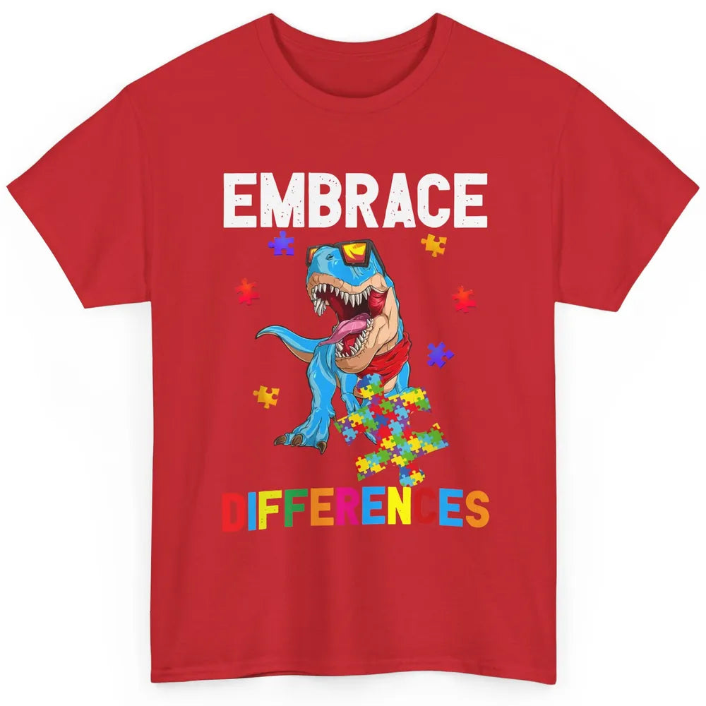 Autism Awareness Dinosaur Puzzle Piece Embrace Differences Classic Unisex T-Shirt