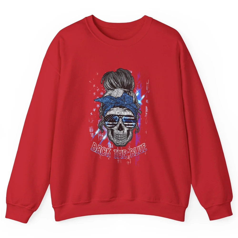 Back The Blue Police American Flag Skull Lady 4th of July Unisex Crewneck Sweatshirt