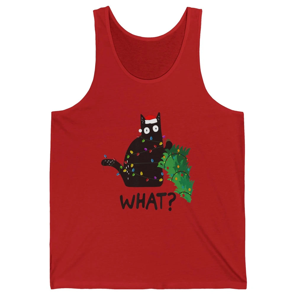 Black Cat Pushing Christmas Tree What Xmas Lights Santa Hat Unisex Jersey Tank