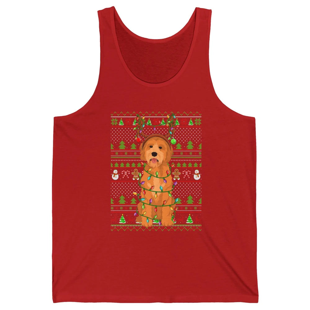 Merry Christmas Golden Doodle Dog Reindeer Xmas Lights Ugly Unisex Jersey Tank