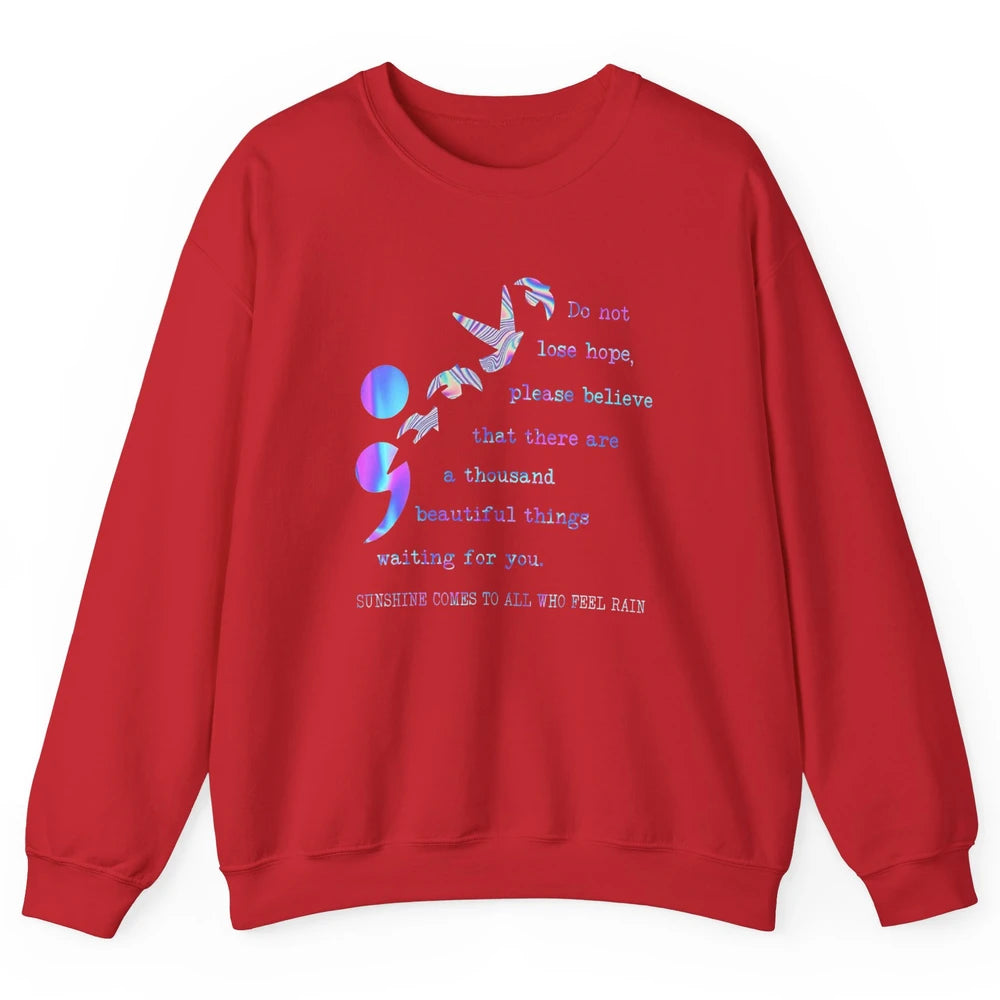 Semicolon Turquoise Ribbon Bird Suicide Prevention Month Unisex Crewneck Sweatshirt