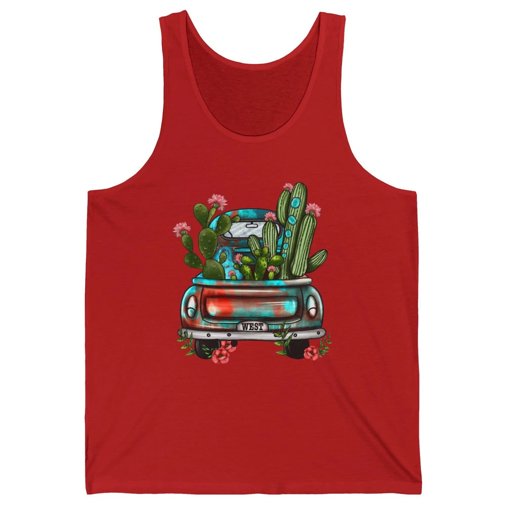 Turquoise Western Truck Desert Cactus Go West Western Gift Unisex Jersey Tank