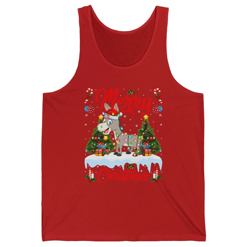 Merry Christmas Donkey Santa Claus Hat Xmas Tree Lights Snow Unisex Jersey Tank