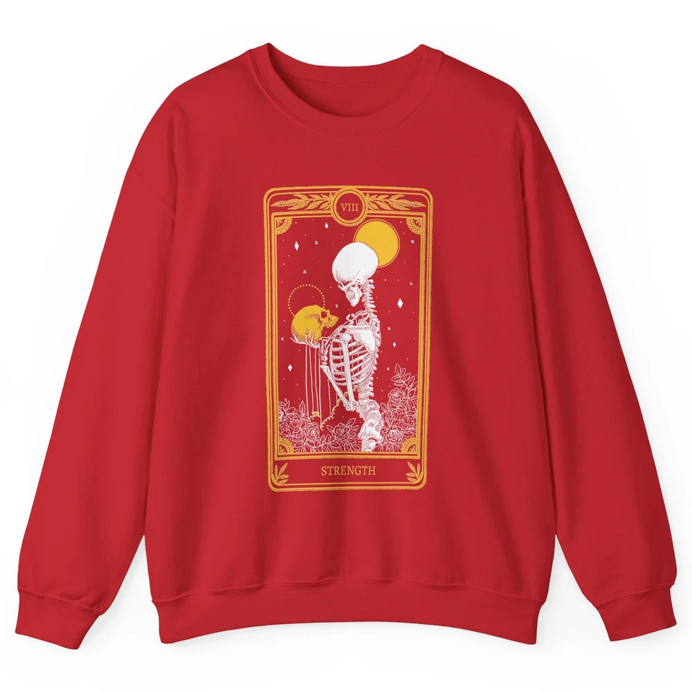 Retro Skeleton Holding Skull Strength Tarot Card Halloween Unisex Crewneck Sweatshirt