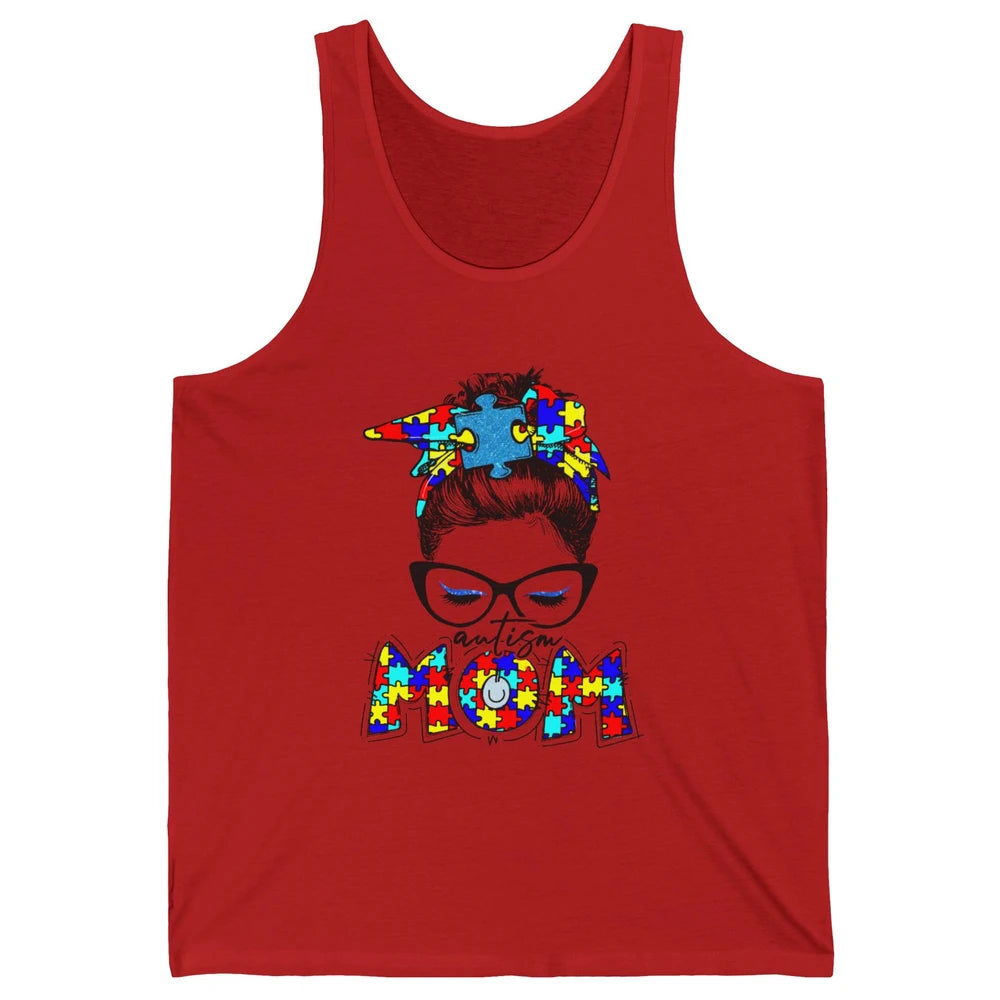 Autism Mom Messy Bun Bandana Puzzle Autism Awareness Month Unisex Jersey Tank