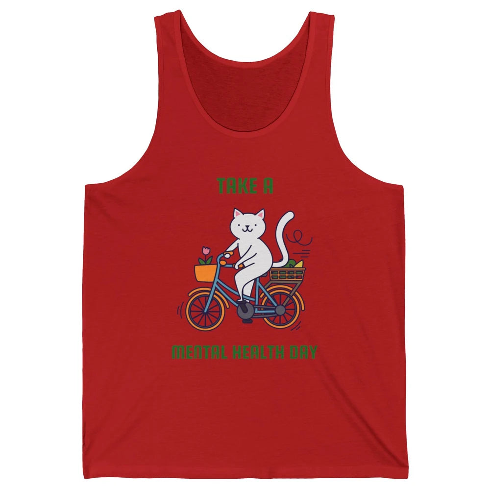 Take A Mental Health Day Cute Cat Bike Positive Therapist Unisex Jersey Tank