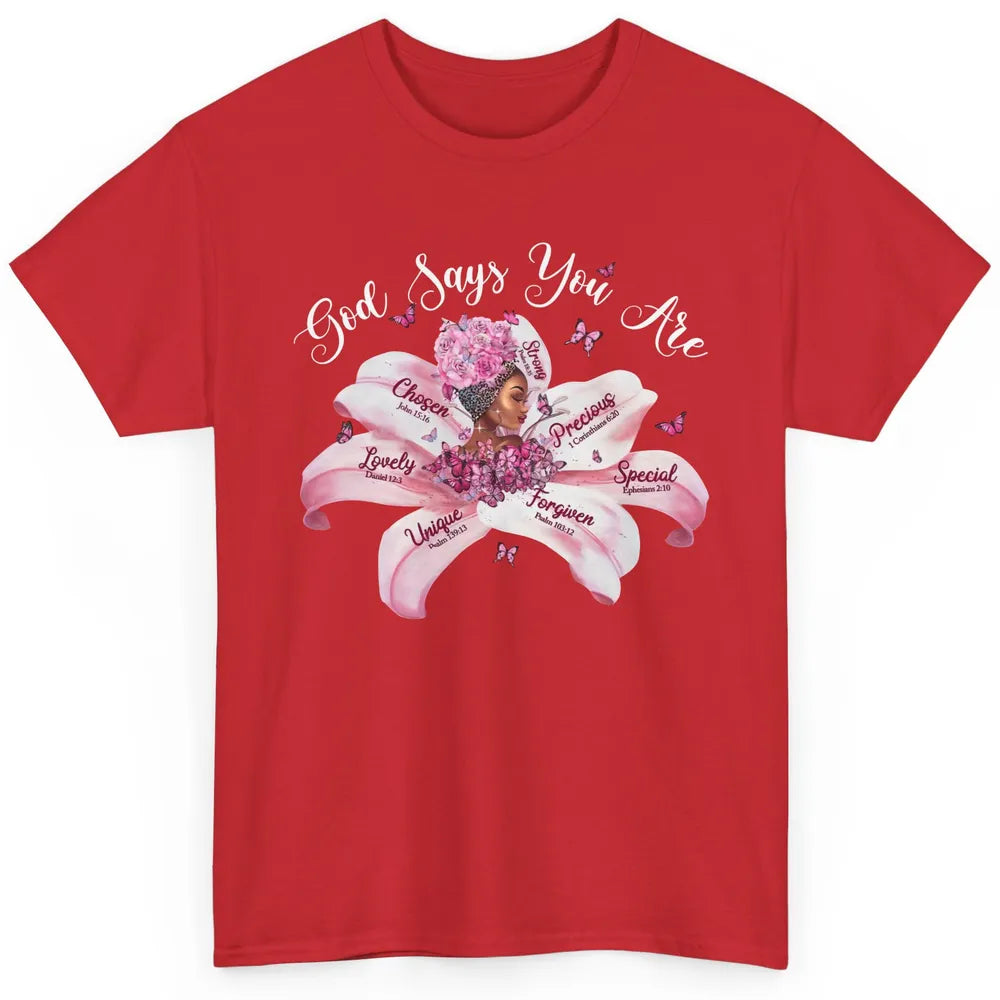 Floral Afro Woman God Says I Am Bible Verse Christian Faith Classic Unisex T-Shirt