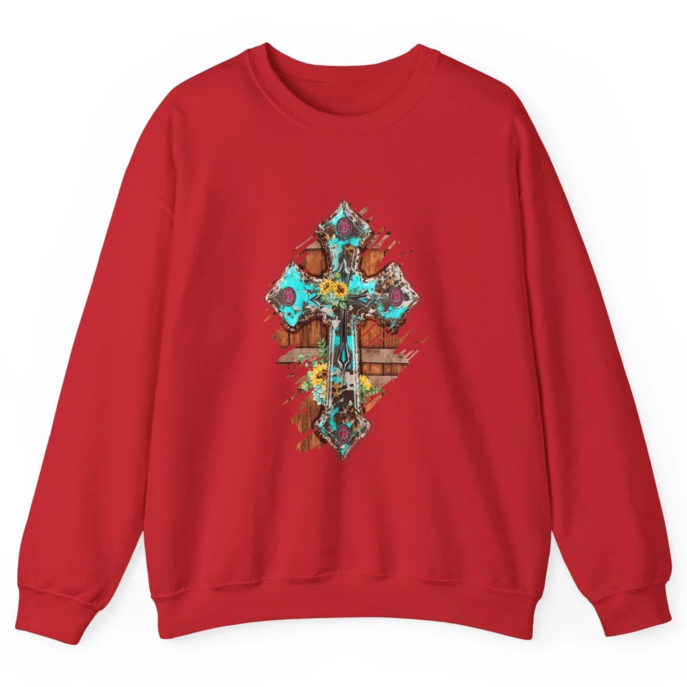 Western Country Boho Christian Turquoise Leopard Faith Cross Unisex Crewneck Sweatshirt