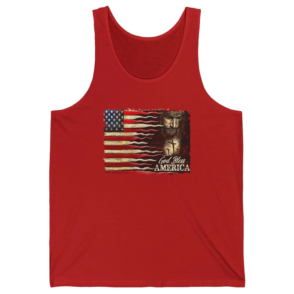 Retro US Flag Jesus Cross God Bless America Patriot July 4th Unisex Jersey Tank