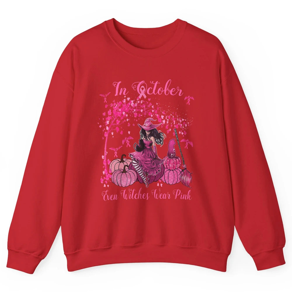 Breast Cancer In October Even Witches Wear Pink Ribbon Fall Unisex Crewneck Sweatshirt