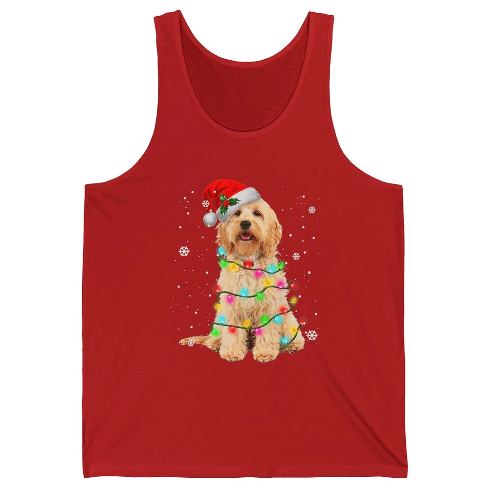 Merry Christmas Golden Doodle Dog Santa Hat Xmas Tree Lights Unisex Jersey Tank