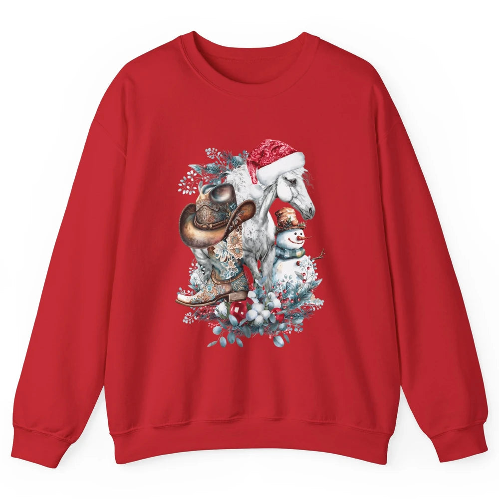 Merry Christmas Horse Santa Hat Cowgirl Cowboy Boots Xmas Unisex Crewneck Sweatshirt