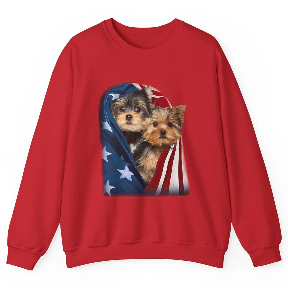 Yorkshire Terrier US Flag July 4th Patriotic Yorkie Puppies Unisex Crewneck Sweatshirt