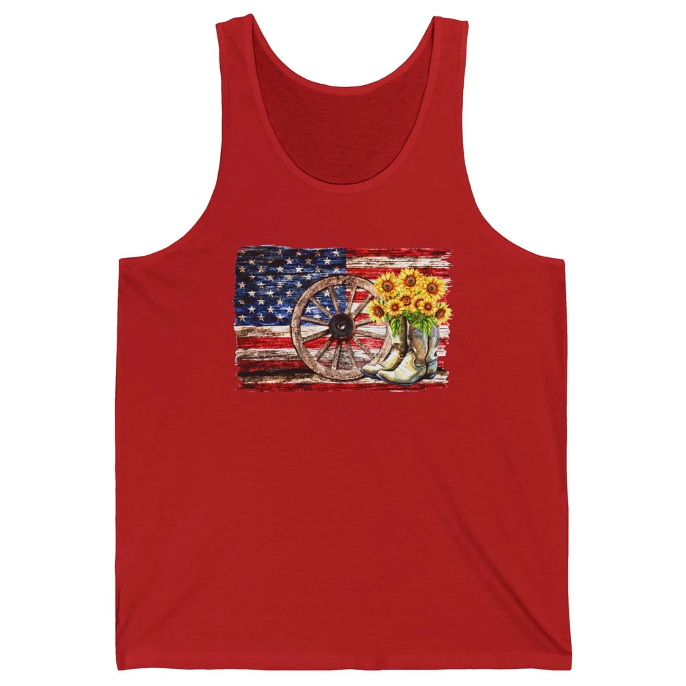 Retro US Flag Sunflower Cowgirl Boots Texas Cowboy Western Unisex Jersey Tank