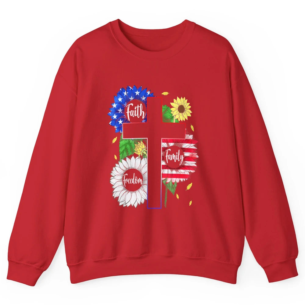 4th July American Flag Cross Faith Family Freedom Christian Unisex Crewneck Sweatshirt