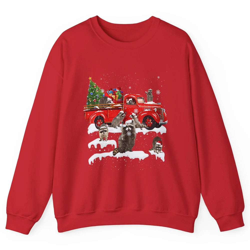 Funny Red Truck Raccoon Xmas Tree Lights Merry Christmas Unisex Crewneck Sweatshirt