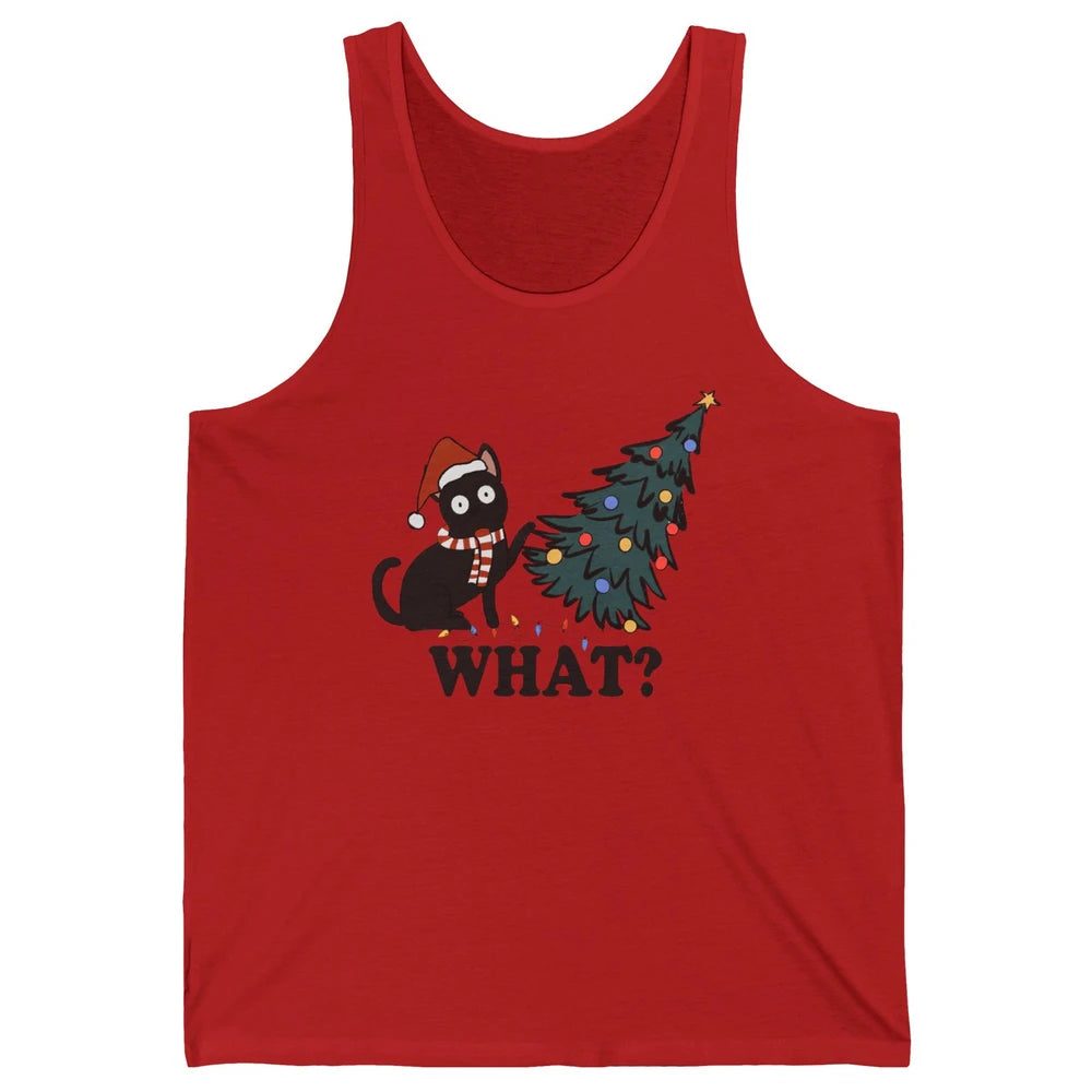 Funny Black Cat Pushing Christmas Tree What? Christmas Cat Unisex Jersey Tank