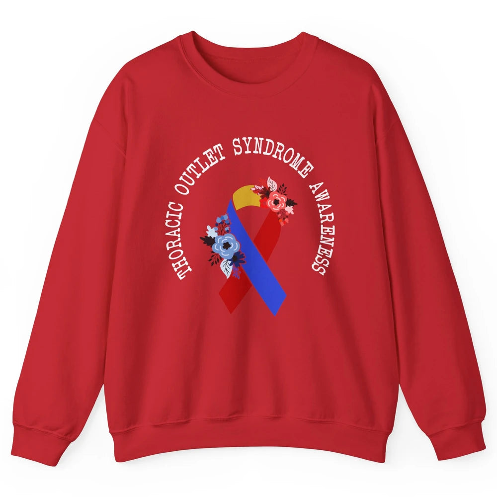 Thoracic Outlet Syndrome Awareness Floral Blue Red Ribbon Unisex Crewneck Sweatshirt