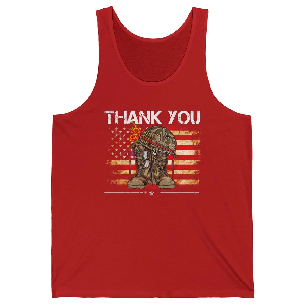 Vintage Veteran US Flag Thank You Military Boot Memorial Day Unisex Jersey Tank