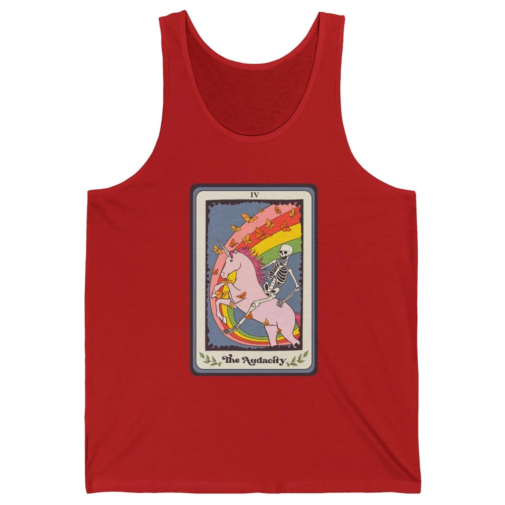 Retro Skeleton Rides Unicorn The Audacity Tarot Card Rainbow Unisex Jersey Tank