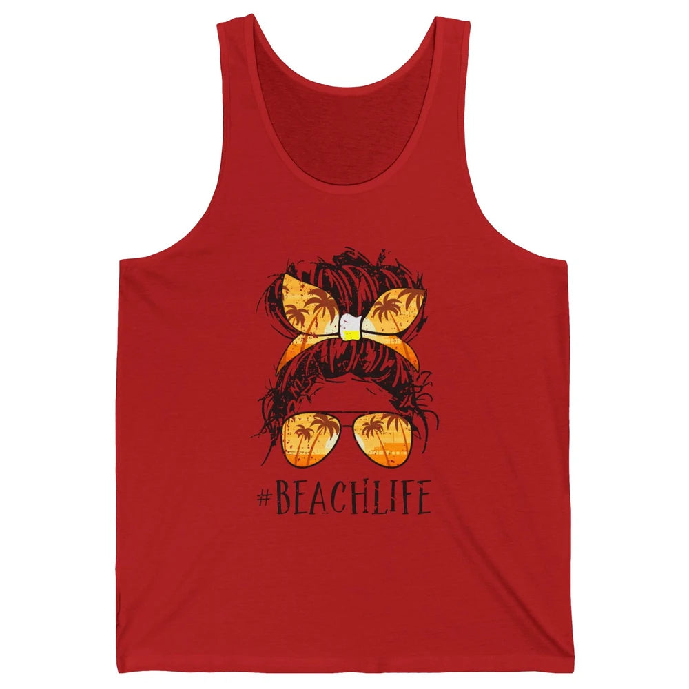 Beach Life Messy Bun Hair Retro Vintage Beach Palms Summer Unisex Jersey Tank