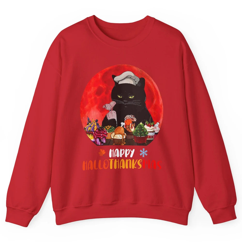 Black Cat Happy Hallothanksmas Baker Cat Halloween Christmas Unisex Crewneck Sweatshirt