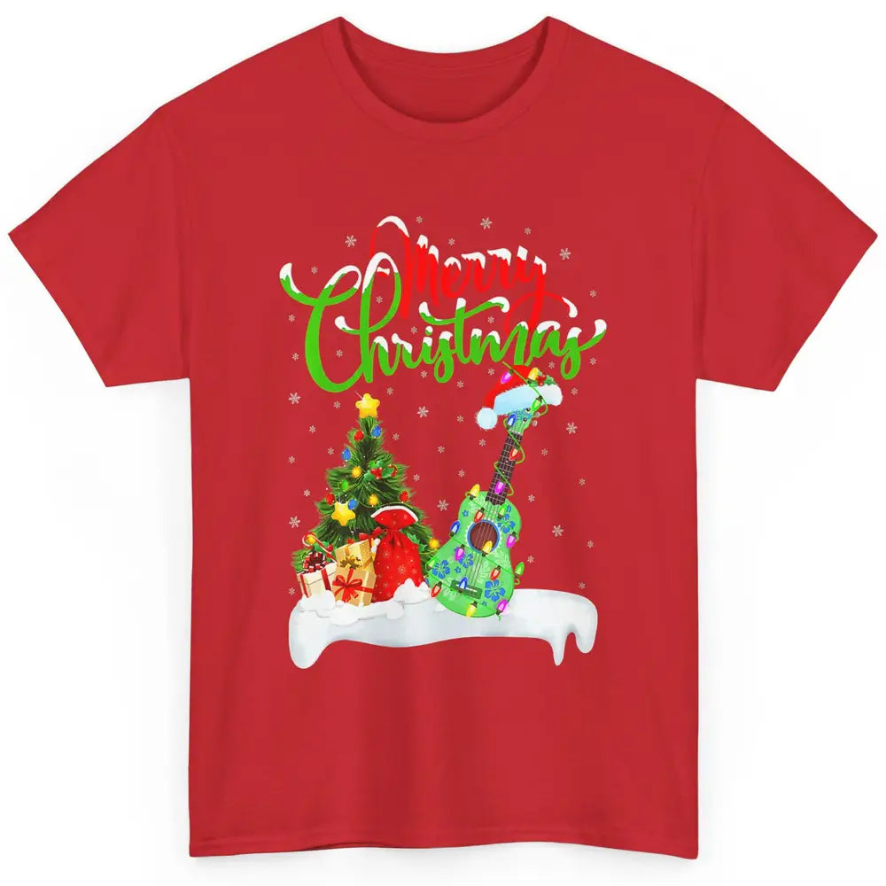 Merry Christmas Funny Ukulele Xmas Lights Santa Hat Music Classic Unisex T-Shirt