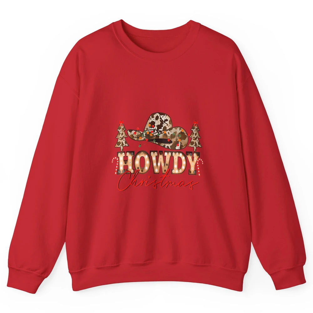 Merry Christmas Howdy Xmas Pine Trees Leopard Cowboy Hat Unisex Crewneck Sweatshirt