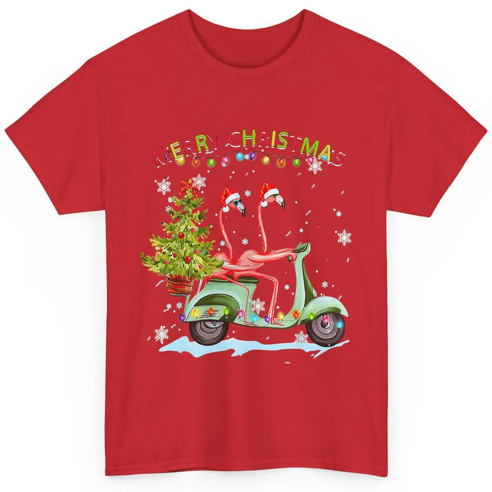 Merry Christmas Flamingos Santa Hat Xmas Lights Motorbike Classic Unisex T-Shirt