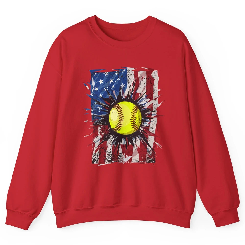 Retro US Flag Softball July 4th Baseball Players Patriotic Unisex Crewneck Sweatshirt