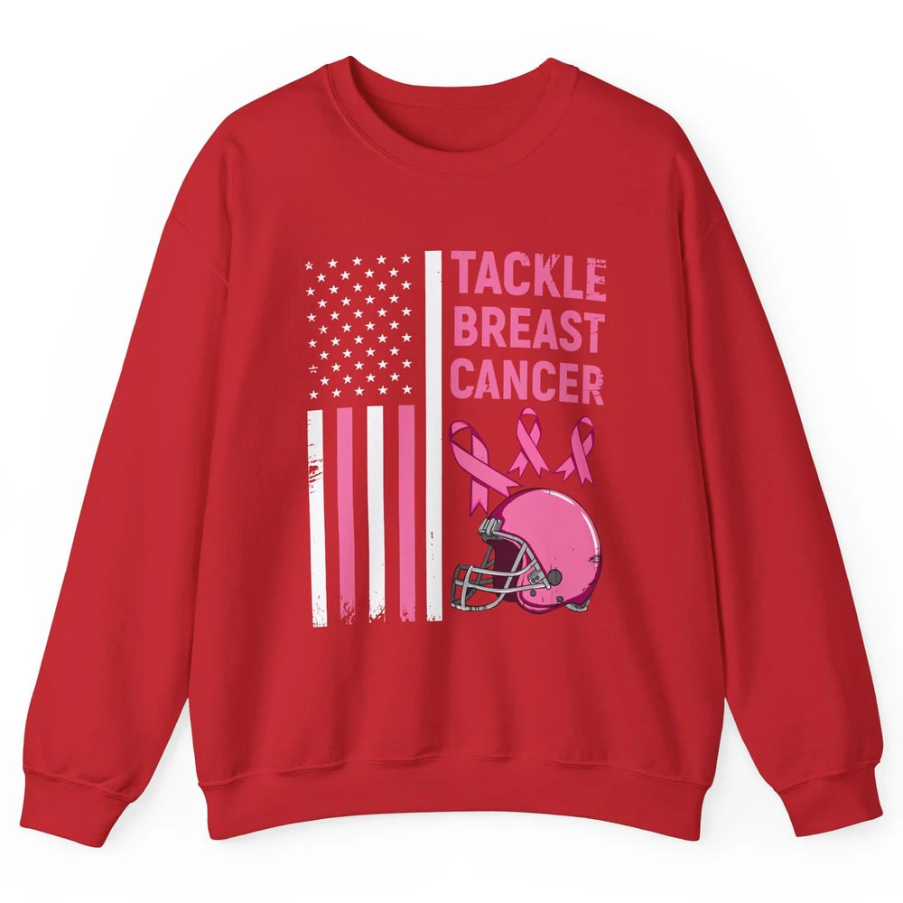 Tackle Breast Cancer US Flag Football Helmet Pink Ribbon Unisex Crewneck Sweatshirt