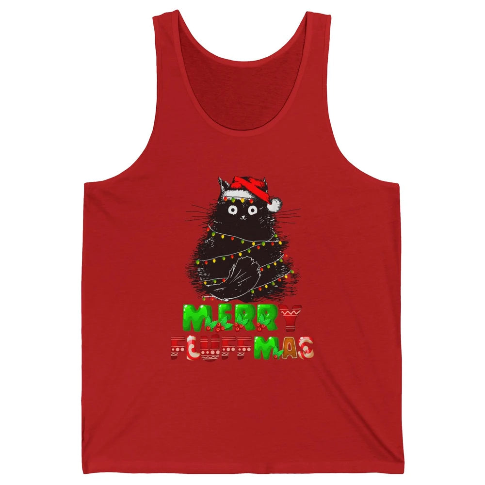 Merry Christmas Catmas Santa Hat Black Cat Xmas Lights Tree Unisex Jersey Tank