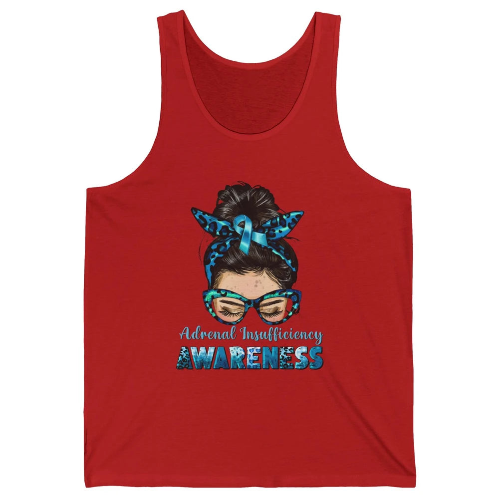 Adrenal Insufficiency Awareness Messy Bun Mom Blue Ribbon Unisex Jersey Tank