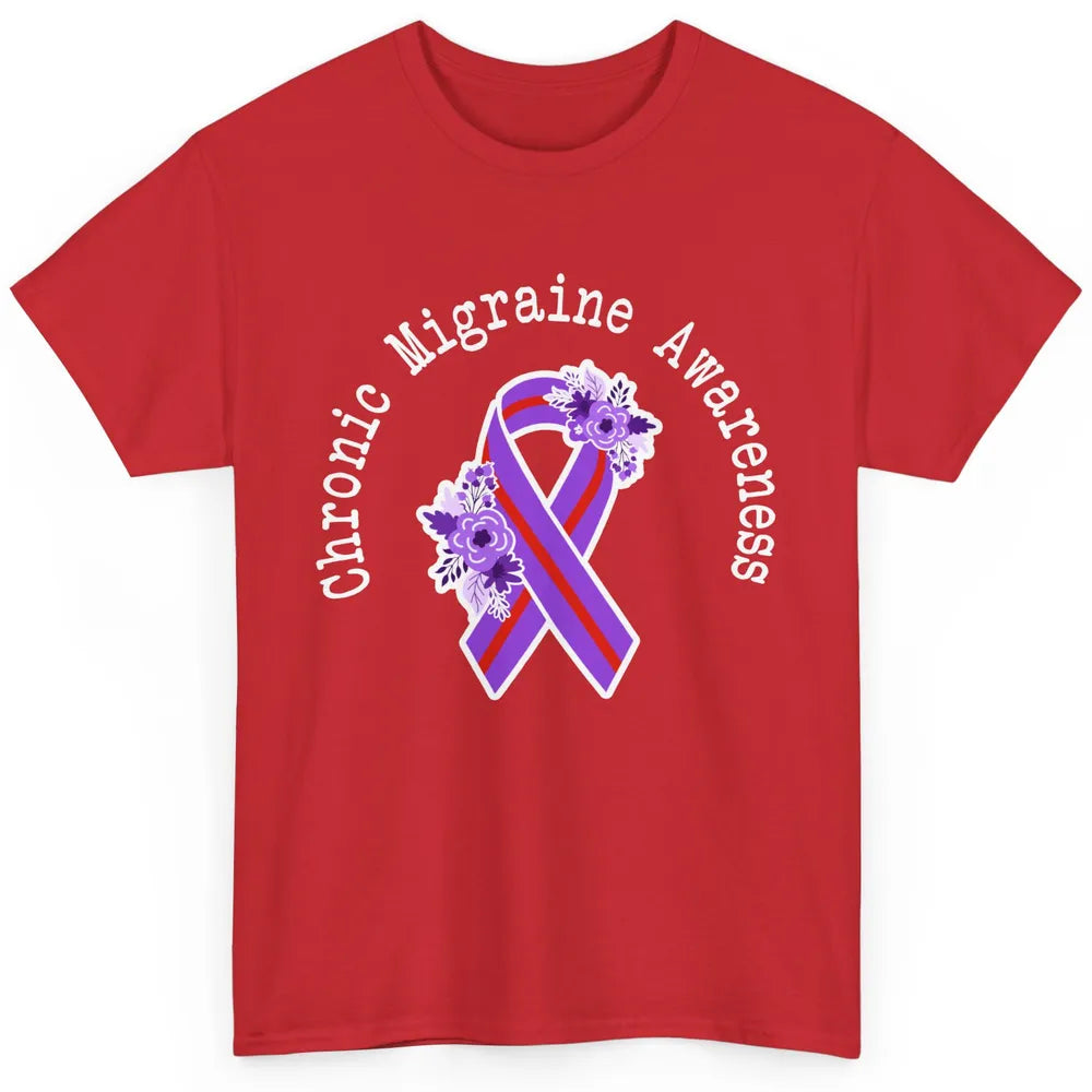 Chronic Migraine Awareness Support Floral Purple Red Ribbon Classic Unisex T-Shirt