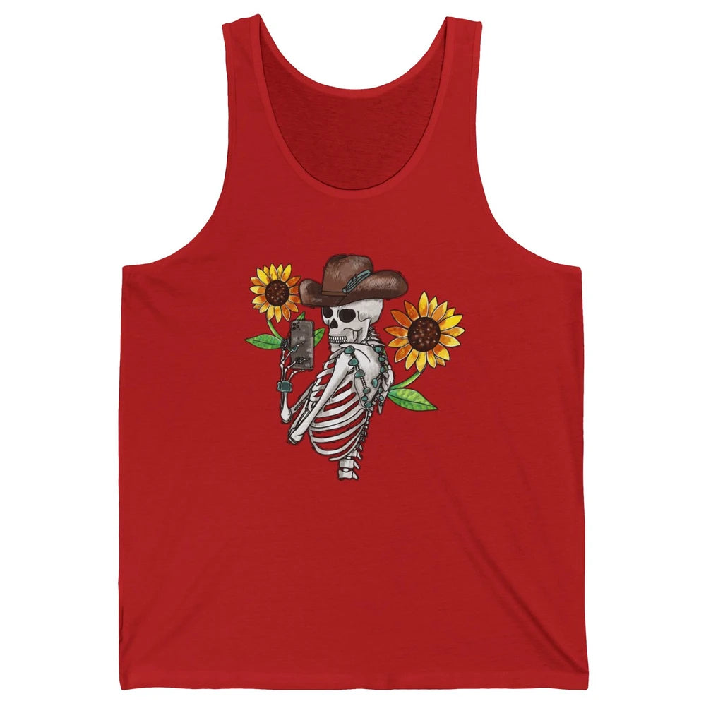 Western Cowboy Hat Skeleton Sunflower Funny Skeleton Selfie Unisex Jersey Tank