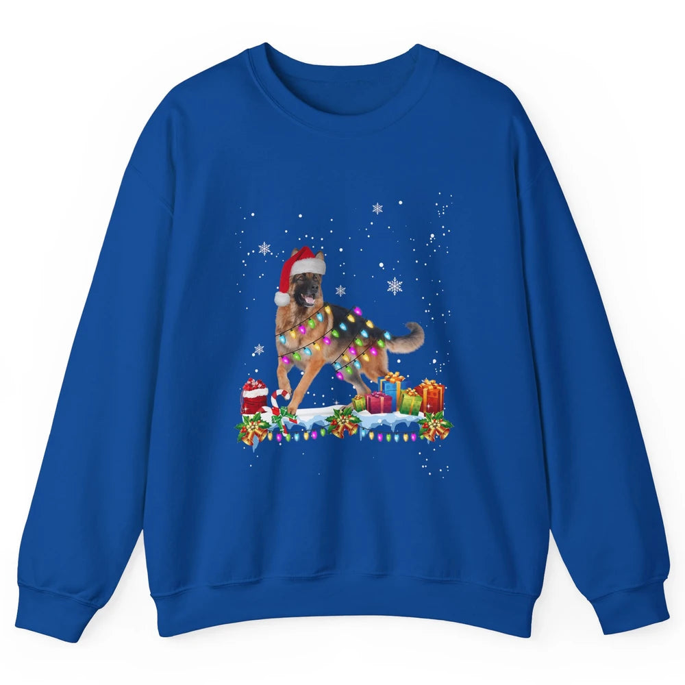 Merry Christmas German Shepherd Dog Santa Hat Xmas Lights Unisex Crewneck Sweatshirt