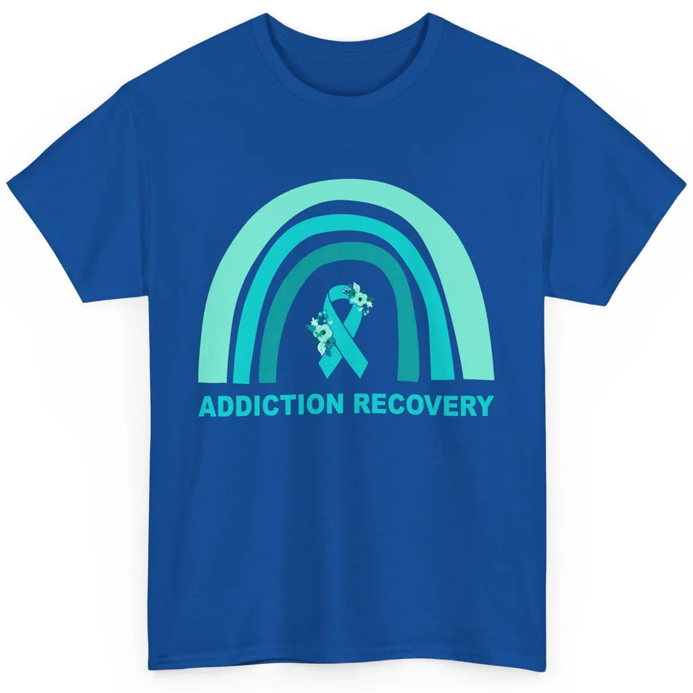 Addiction Recovery Awareness Floral Teal Ribbon Rainbow Classic Unisex T-Shirt