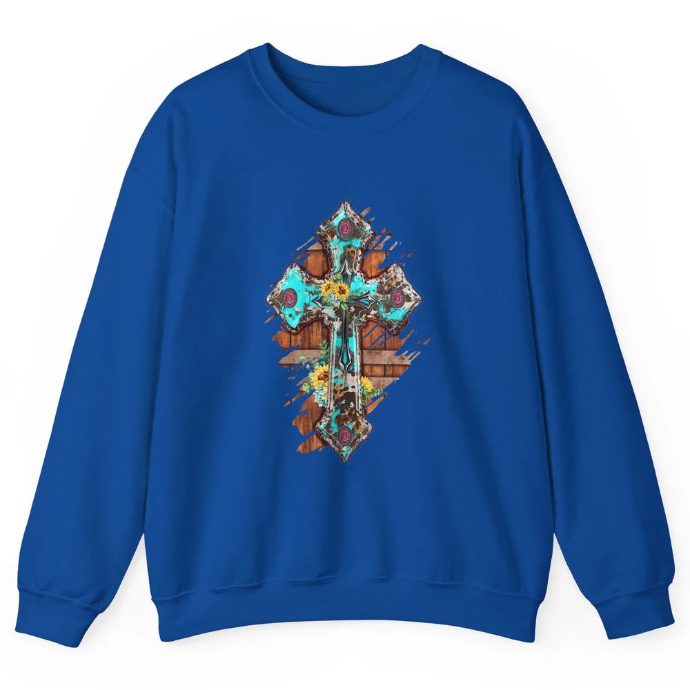 Western Country Boho Christian Turquoise Leopard Faith Cross Unisex Crewneck Sweatshirt