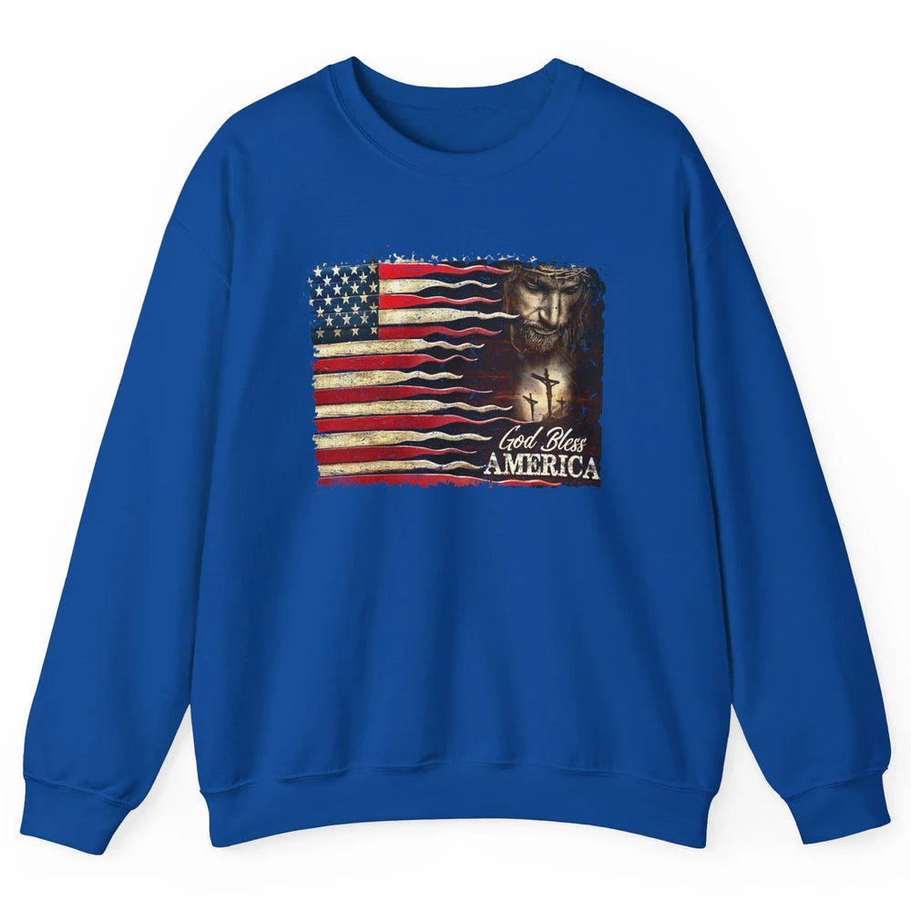 Retro US Flag Jesus Cross God Bless America Patriot July 4th Unisex Crewneck Sweatshirt