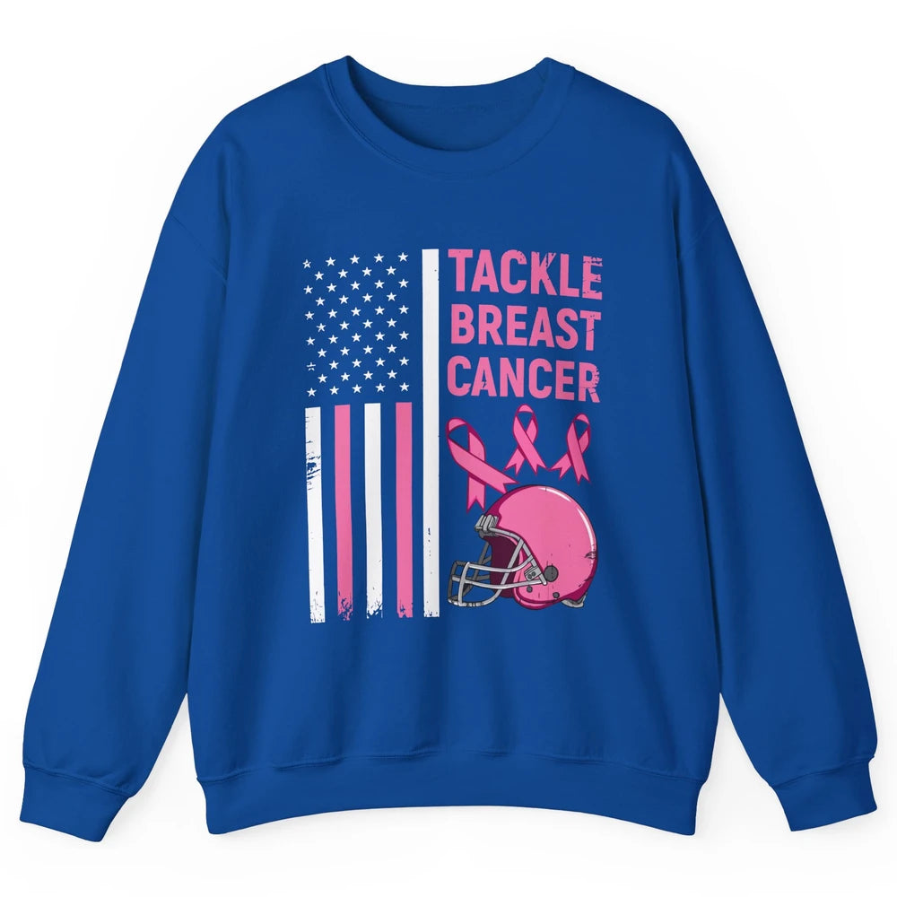 Tackle Breast Cancer US Flag Football Helmet Pink Ribbon Unisex Crewneck Sweatshirt