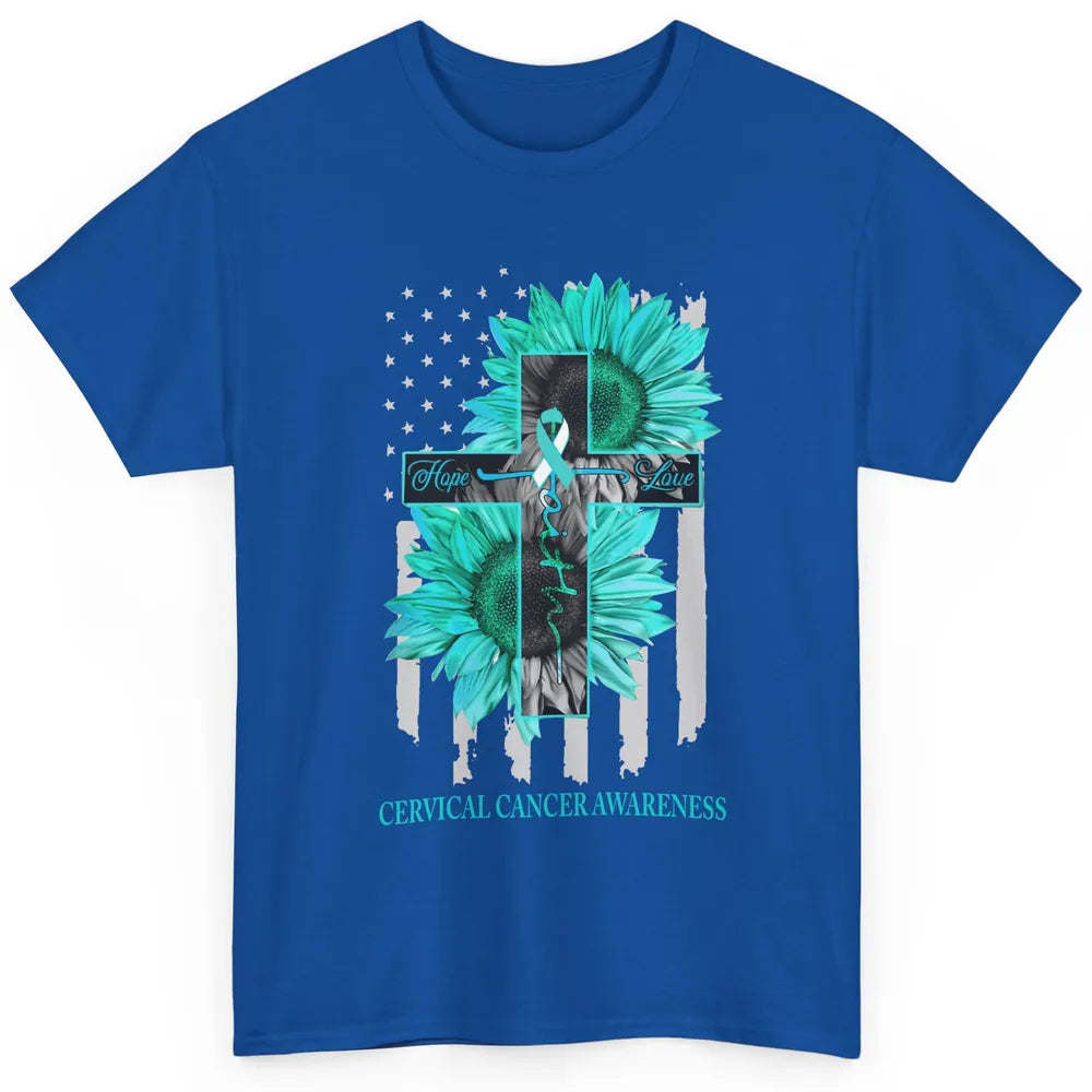 Cervical Cancer Faith Hope Turquoise US Flag Jesus Cross Classic Unisex T-Shirt