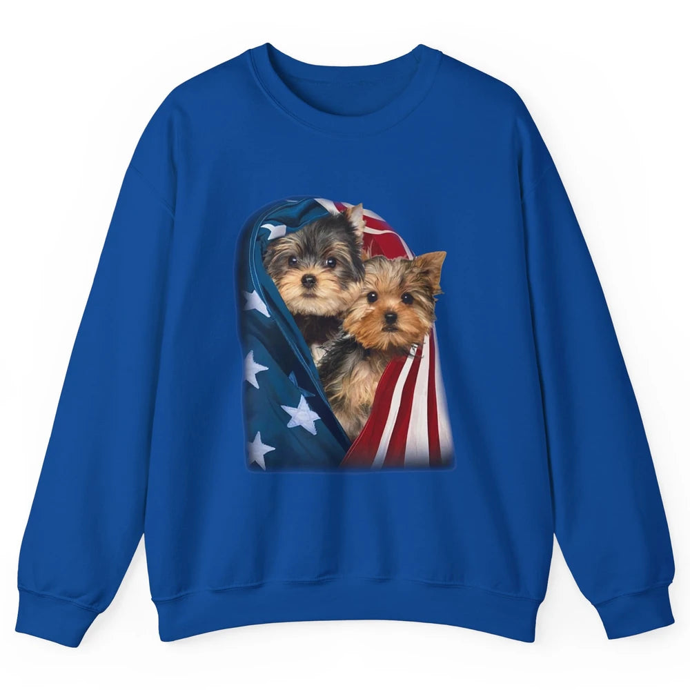 Yorkshire Terrier US Flag July 4th Patriotic Yorkie Puppies Unisex Crewneck Sweatshirt