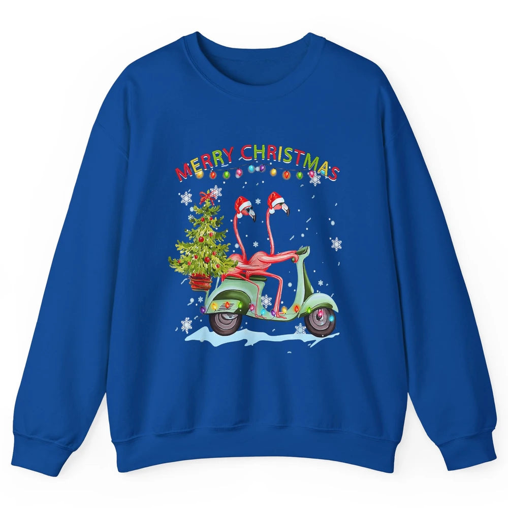 Merry Christmas Flamingos Santa Hat Xmas Lights Motorbike Unisex Crewneck Sweatshirt