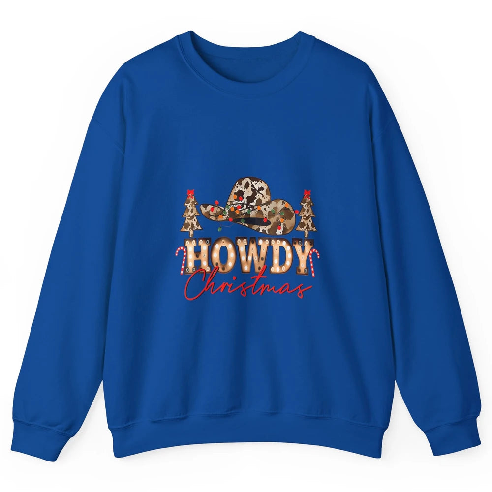 Merry Christmas Howdy Xmas Pine Trees Leopard Cowboy Hat Unisex Crewneck Sweatshirt