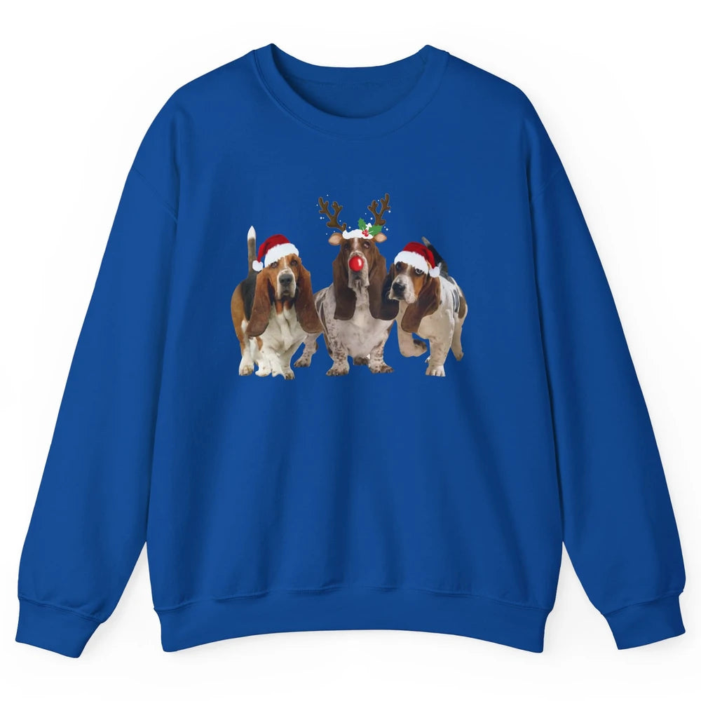 Basset Hound Santa Hats And Reindeer Horns Christmas Dog Mom Unisex Crewneck Sweatshirt