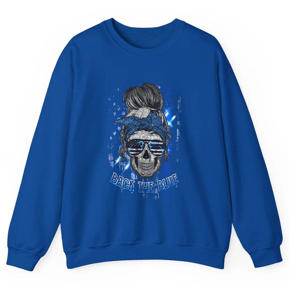 Back The Blue Police American Flag Skull Lady 4th of July Unisex Crewneck Sweatshirt