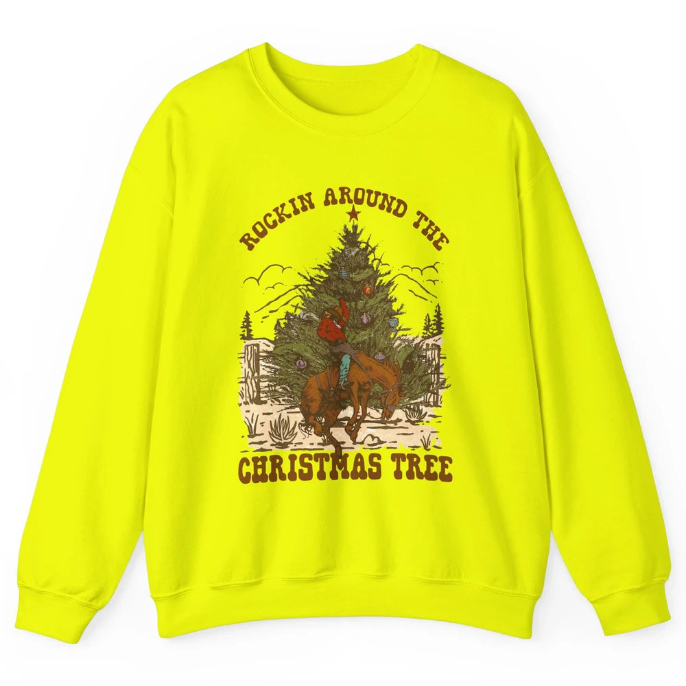 Funny Cowboy Horsing Rocking Around Christmas Tree Western Unisex Crewneck Sweatshirt