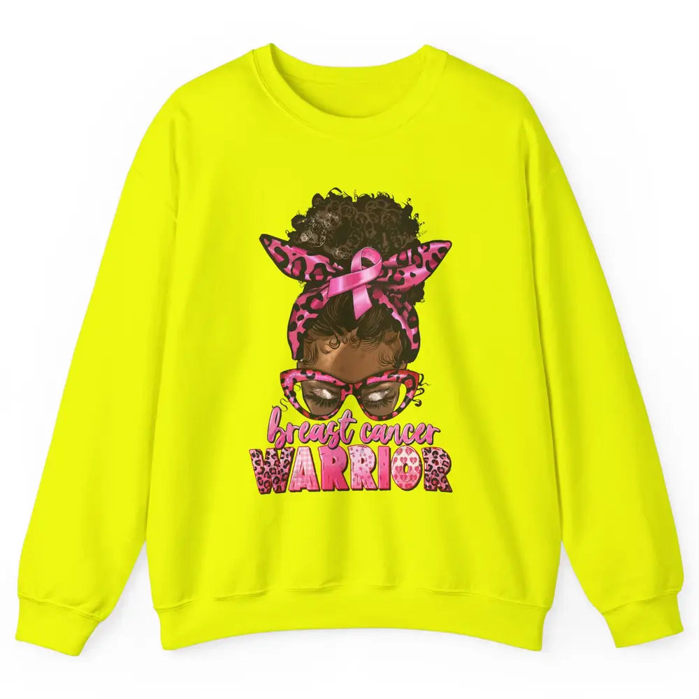 Afro Black Woman Breast Cancer Awareness Messy Bun Leopard Unisex Crewneck Sweatshirt